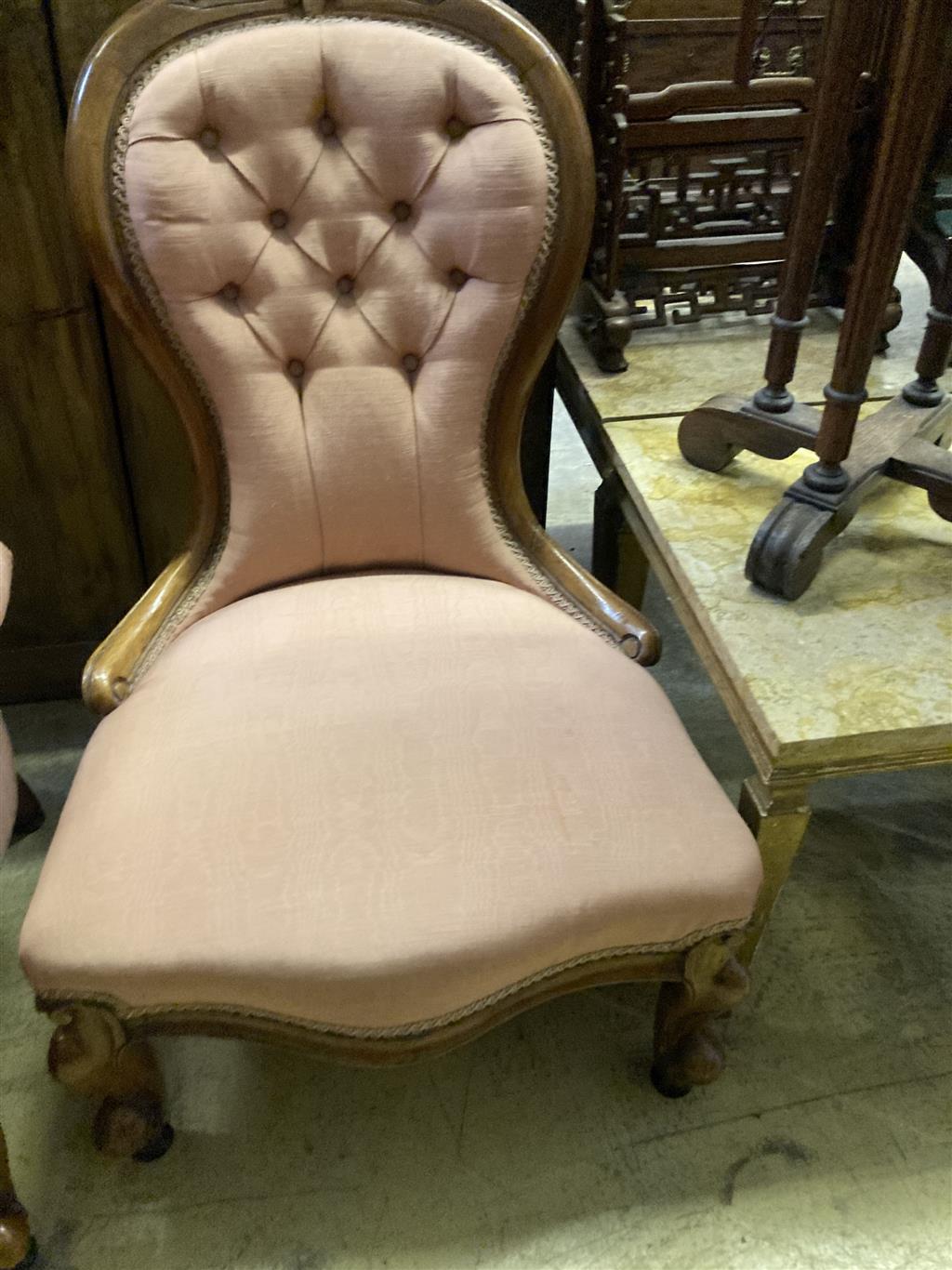 A Victorian spoonback armchair and one other chair, larger 70cm, depth 74cm, height 94cm